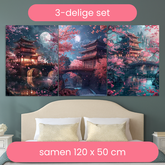 Drieluik - Japanse Nachttempels met Kersenbloesems - 3x 40x50 cm