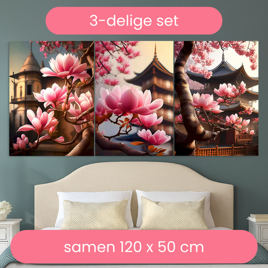 Drieluik - Tempels met Magnoliabloesems - 3x 40x50 cm