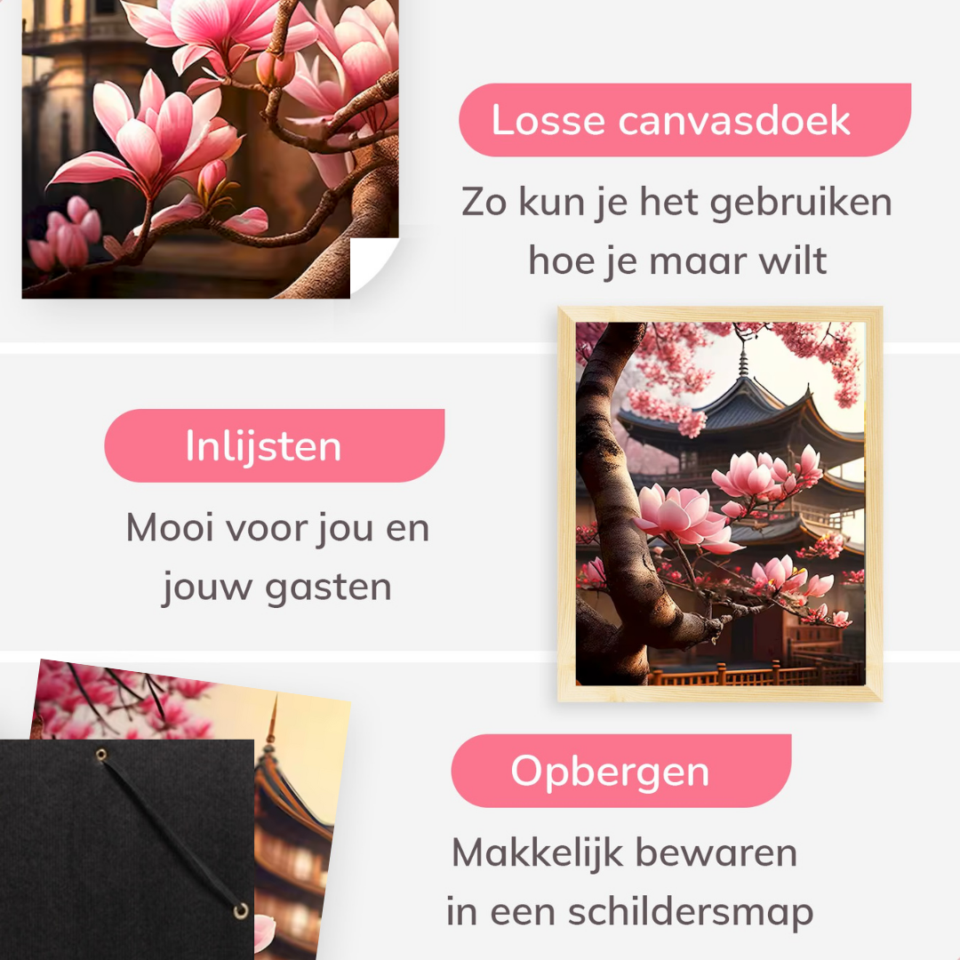 Drieluik - Tempels met Magnoliabloesems - 3x 40x50 cm