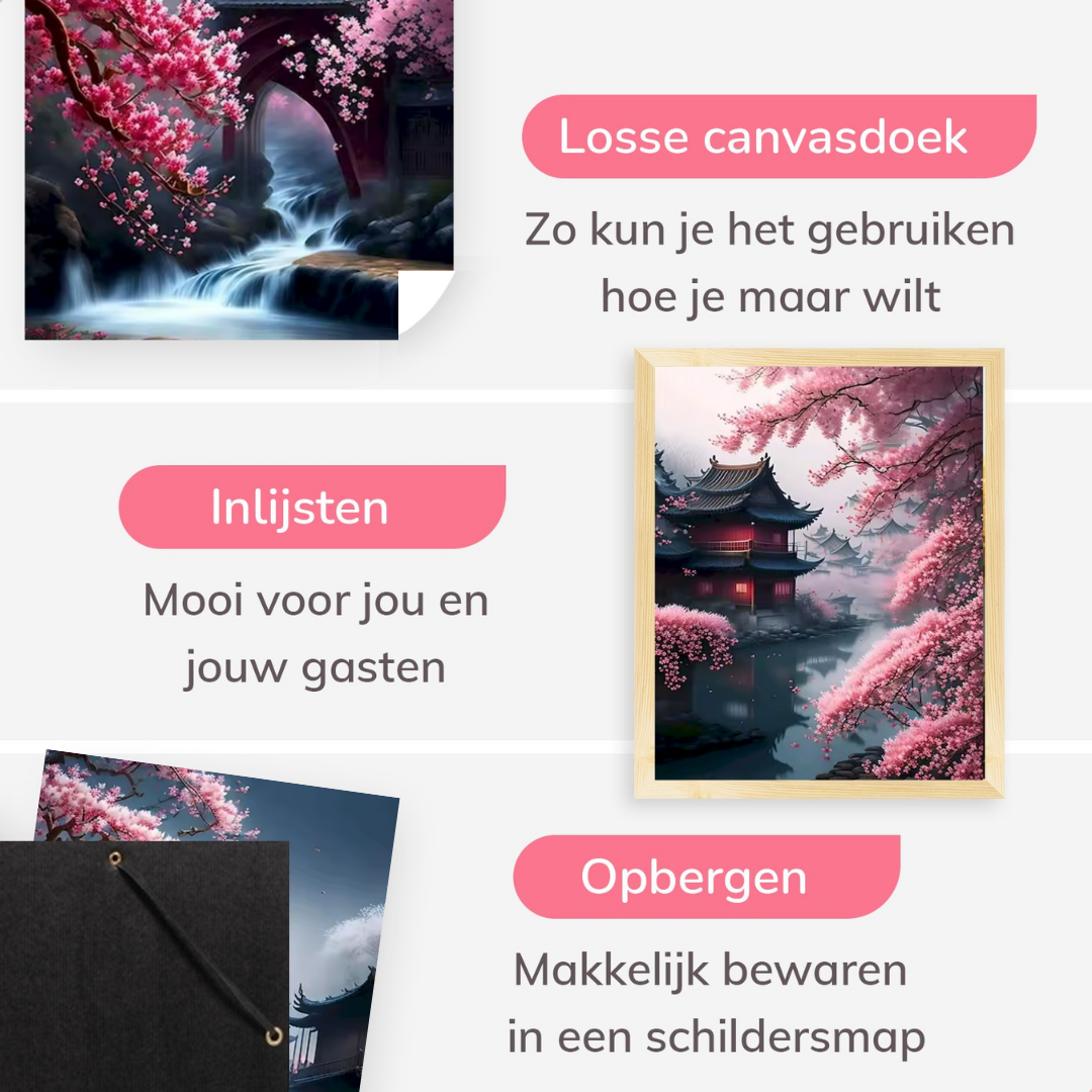 Drieluik - Oosterse tempels met Kersenbloesems - 3x 40x50 cm