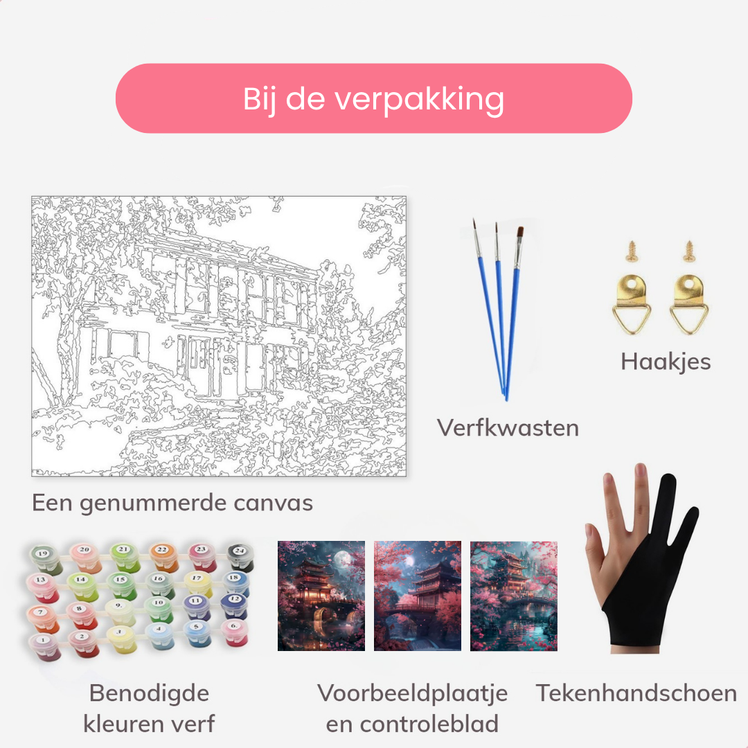 Drieluik - Japanse Nachttempels met Kersenbloesems - 3x 40x50 cm
