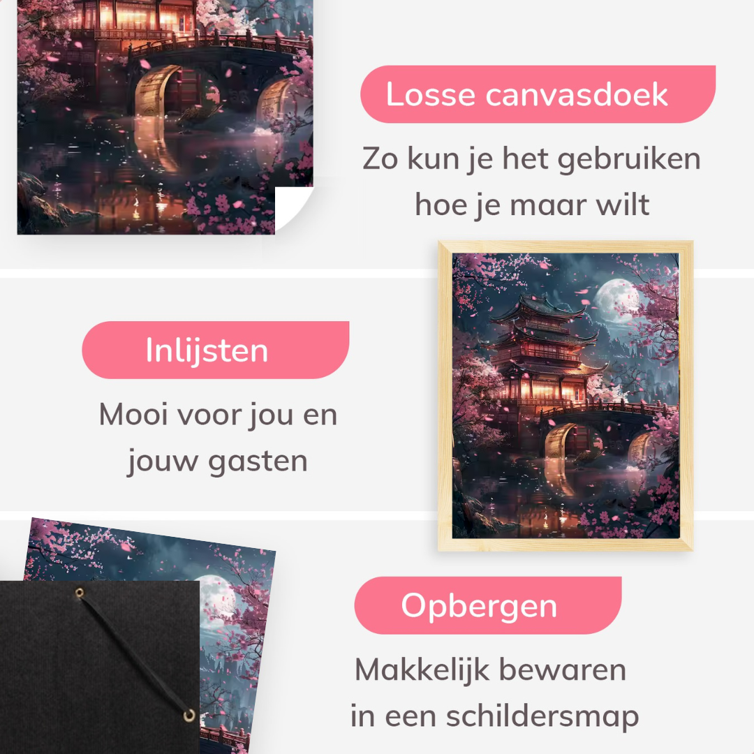 Tempel bij Volle Maan en Kersenbloesem