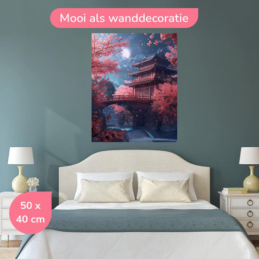 Tempelbrug bij Maanlicht en Sakura 40x50 cm