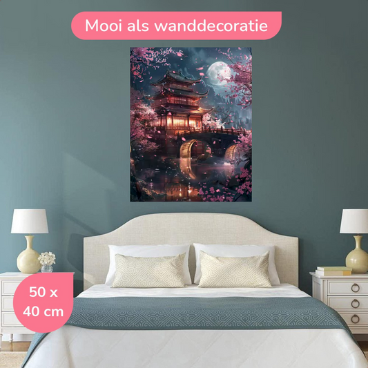 Tempel bij Volle Maan en Sakura 40x50 cm