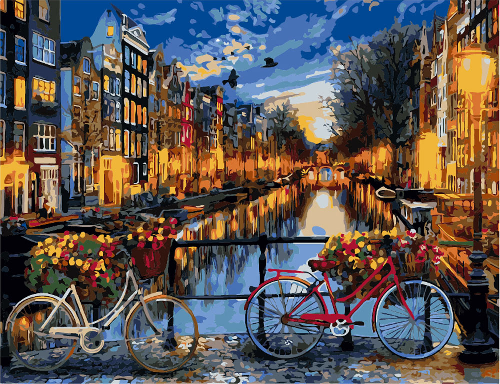 Schilderen op nummer set van Amsterdam bij avondlicht met fietsen en grachten – warme stadsrust en Hollandse sfeer