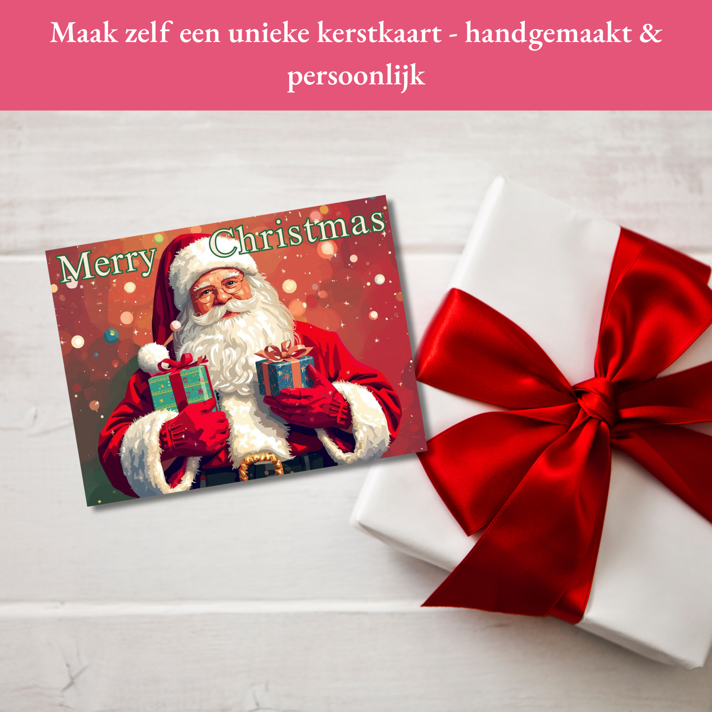 Ingekleurde kerstkaart met cadeauverpakking. DIY kerstkaart van HobbyMania, handgemaakt en persoonlijk voor de feestdagen.