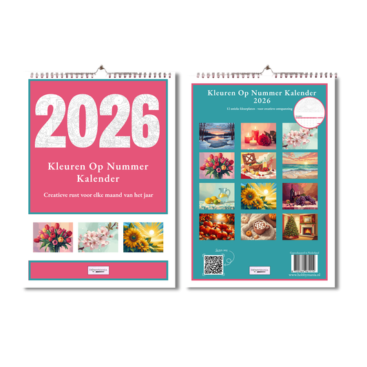 Voor- en achterkant van de HobbyMania Kleuren Op Nummer Kalender 2026 met 12 maandillustraties
