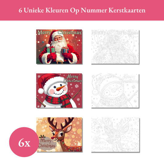 Voorzijde en kleurplaten van alle zes HobbyMania kleuren op nummer kerstkaarten. Creatieve kerstkaarten om zelf in te kleuren met markers of stiften.