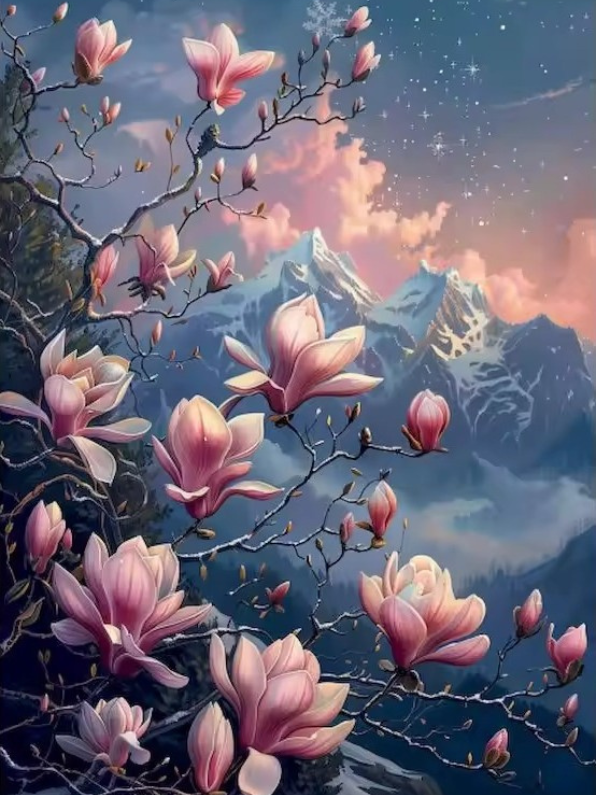 Schilderen-op-nummer afbeelding van zachtroze magnolia’s voor een berglandschap met sterrenhemel en dromerige sfeer