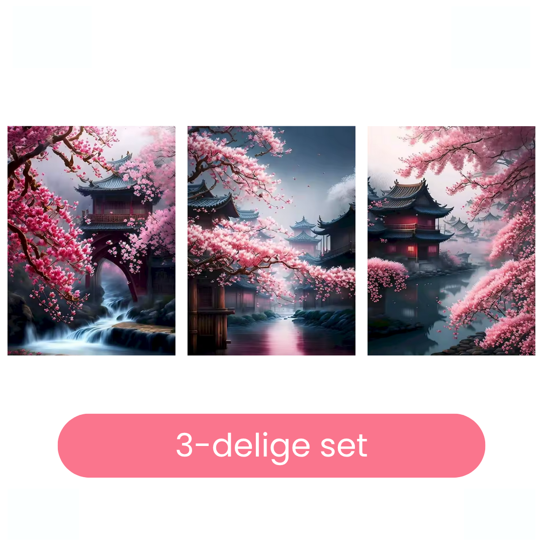 Driedelige schilderen op nummer set met Japanse tempels, bloesembomen en mystieke ochtendmist - ideaal voor volwassenen die rust zoeken in creativiteit.