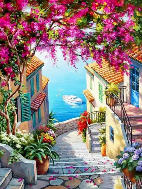 Zomerse schilderen-op-nummer afbeelding van Italiaans straatje met bloemen, zeezicht en ontspannen vakantiesfeer.