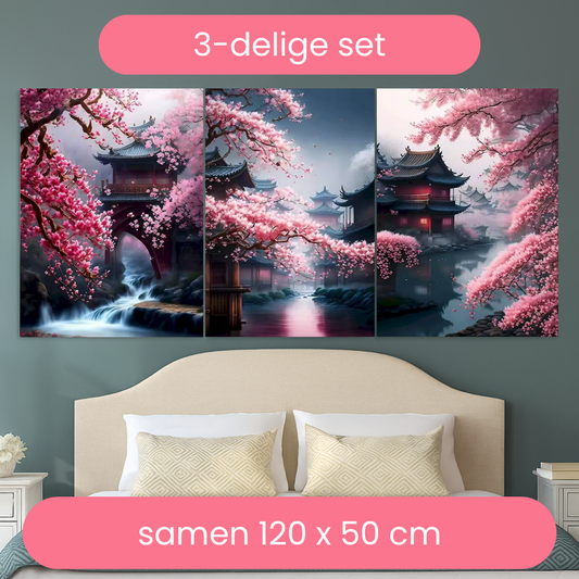 Drieluik - Oosterse tempels met Kersenbloesems - 3x 40x50 cm