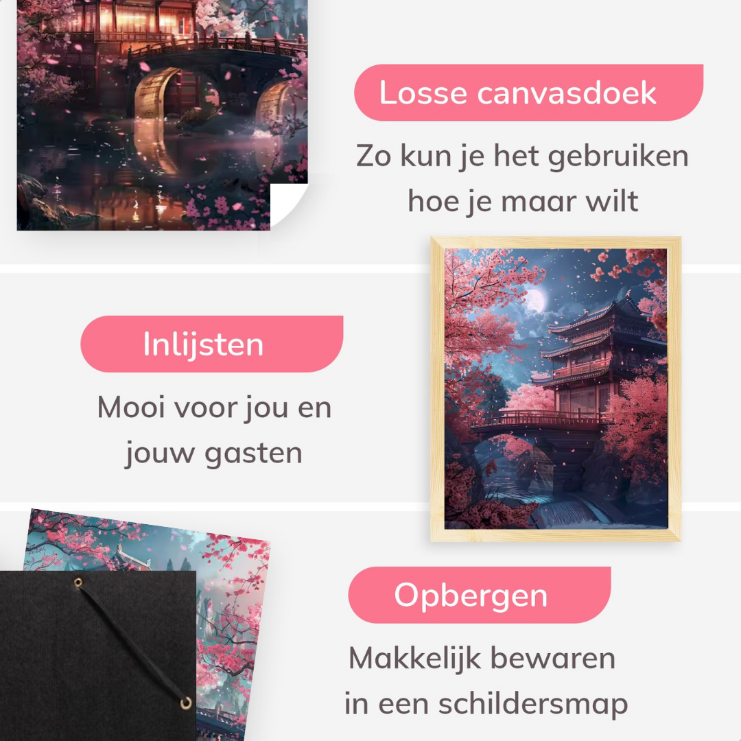 Drieluik - Japanse Nachttempels met Kersenbloesems - 3x 40x50 cm