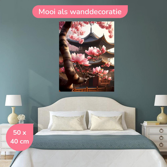 Oosterse Tempel met Magnolia Bloesem