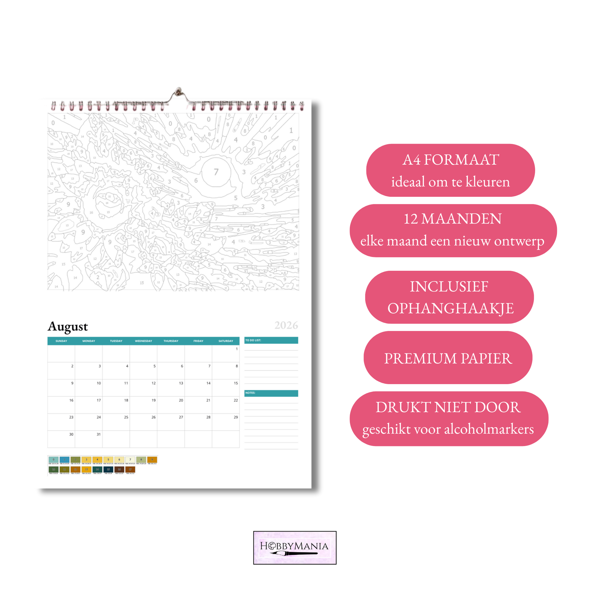 Binnenpagina van de Kleuren Op Nummer Kalender 2026 met kleurplaat, maandkalender, notities en kleurenlegenda, geschikt voor alcohol markers.
