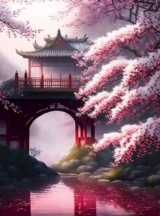 Schilderen op nummer variant van een Japanse brug tussen bloeiende kersenbomen bij zonsopkomst – zacht, rustgevend en vol harmonie.