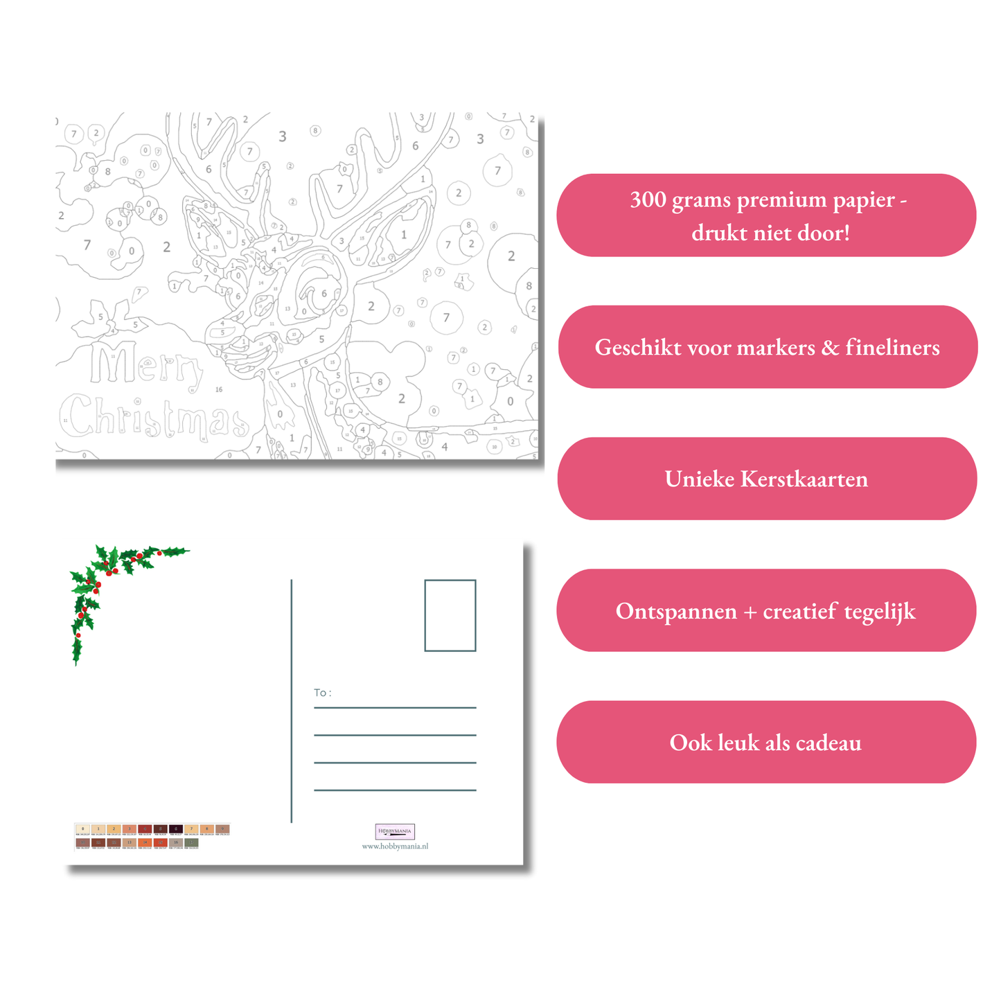 Achterkant van de kleuren op nummer kerstkaart met kleurenlegenda en premium 300 grams papier. Geschikt voor alcohol markers, twinmarkers en fineliners.