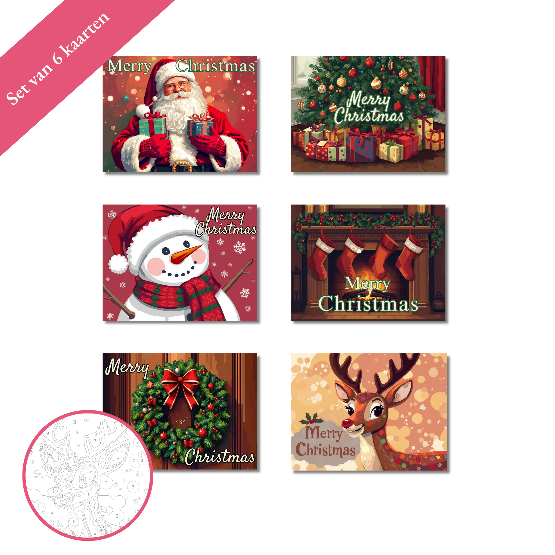 Zes kleuren op nummer kerstkaarten van HobbyMania, inclusief Kerstman, sneeuwpop, rendier en kerstkrans. DIY kerstkaarten, set van 6 voor volwassenen.