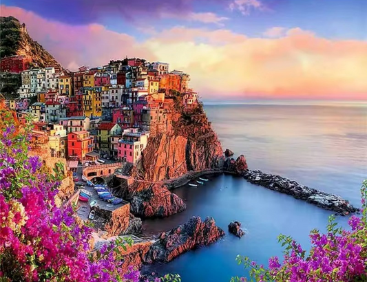 Cinque Terre bij zonsondergang – schilderen op nummer voor vakantiegevoel en rust