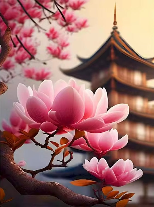 Oosterse tempel met magnolia - schilderen op nummer voor innerlijke rust