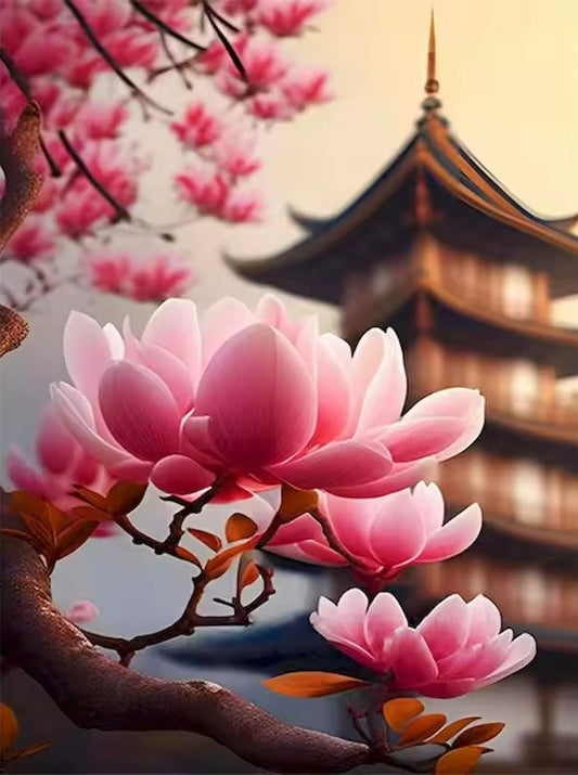 Oosterse tempel met magnolia - schilderen op nummer voor innerlijke rust