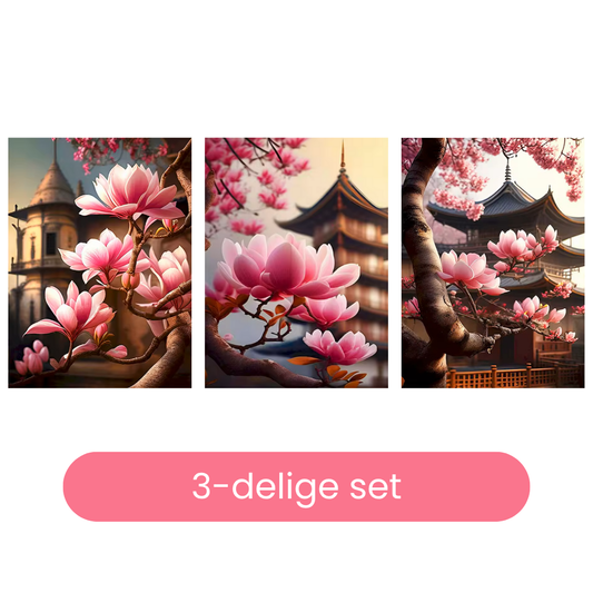 Driedelige schilderen op nummer set met Japanse tempels en roze bloesem, perfect als rustgevende wanddecoratie voor volwassenen.