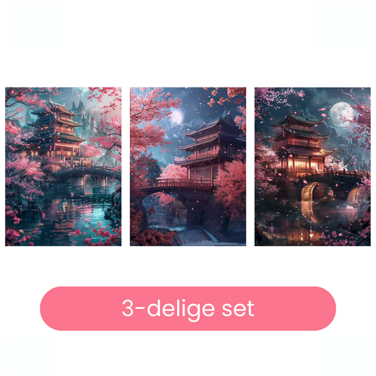 Driedelige schilderen op nummer set met Japanse tempels bij maanlicht en bloesembomen, perfect voor rustgevende wanddecoratie voor volwassenen.