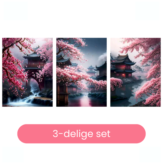 Driedelige schilderen op nummer set met Japanse tempels, bloesembomen en mystieke ochtendmist - ideaal voor volwassenen die rust zoeken in creativiteit.

