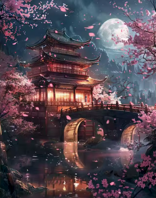 Schilderen op nummer set van een Aziatische tempel aan het water, badend in maanlicht en omgeven door kersenbloesem – rustgevend en magisch tafereel