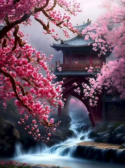 Schilderen op nummer van een mystieke Japanse poort met bloeiende kersenbomen en stromende waterval – ideaal voor creatieve rustmomenten.