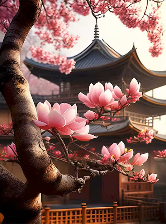 Oosterse tempel met magnolia – schilderen op nummer voor innerlijke rust