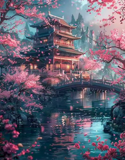 Schilderen op nummer set van een tempel in Aziatische stijl, omringd door roze kersenbloesem en reflecties in het water – rustgevend en betoverend