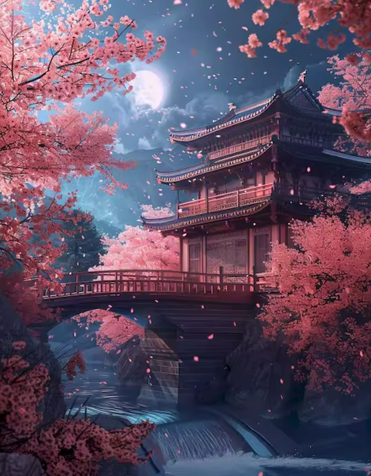 Schilderen op nummer met een Japans tempellandschap in bloesem, onder een volle maan – een kalmerend en betoverend schilderpakket voor volwassenen.