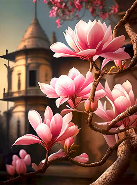 Schilderen op nummer set van roze magnolia’s voor een sprookjesachtige toren - rustgevend en romantisch
