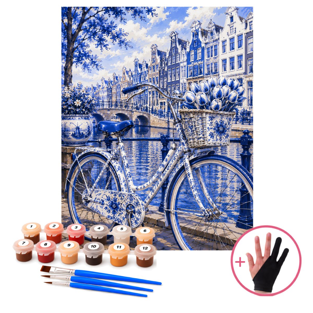 Schilderen op nummer Delfts Blauw Fiets bij de Gracht 40x50 cm van HobbyMania Originals, met verf, penselen en tekenhandschoen