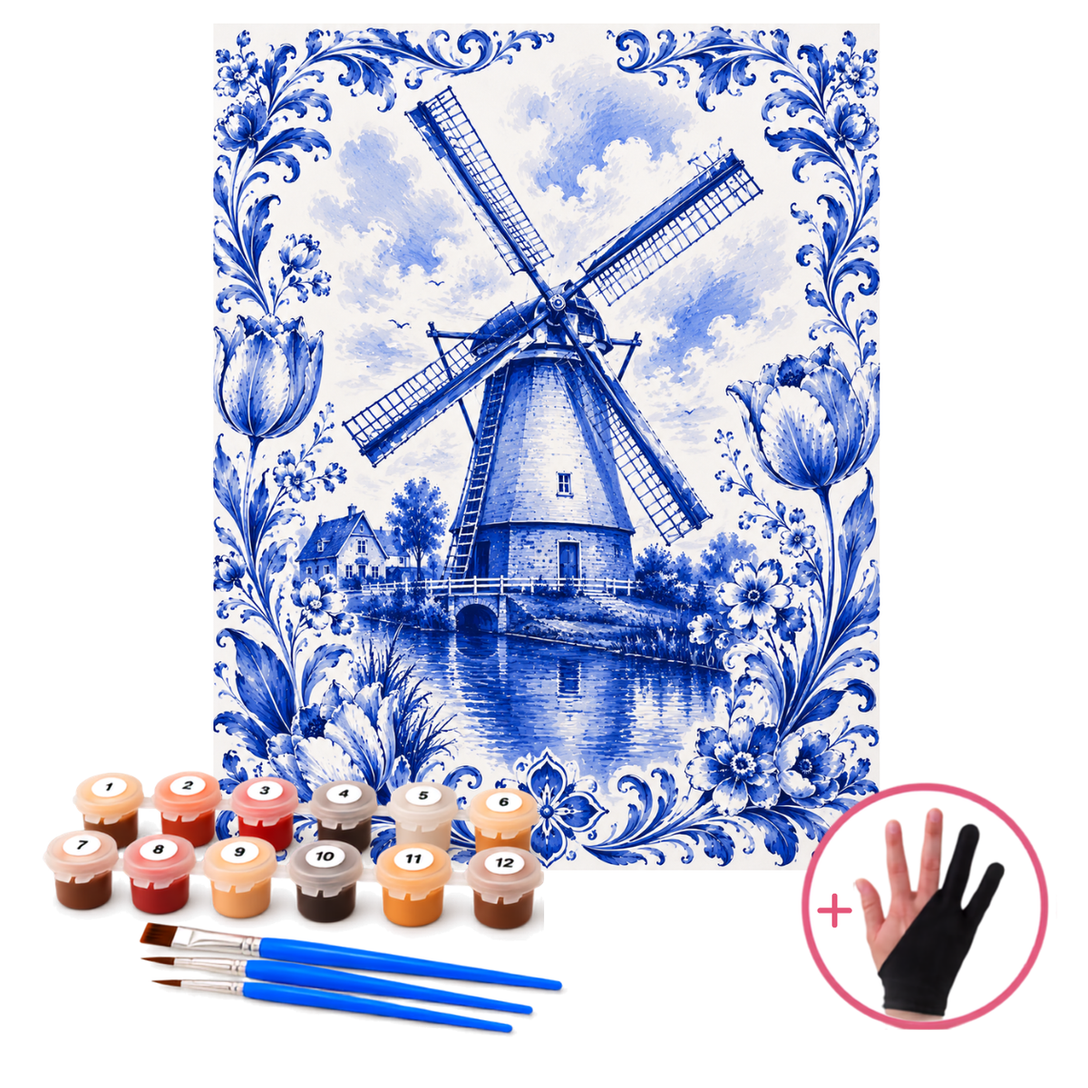 Schilderen op nummer Delfts Blauw Molen 40x50 cm van HobbyMania Originals, met verf, penselen en tekenhandschoen