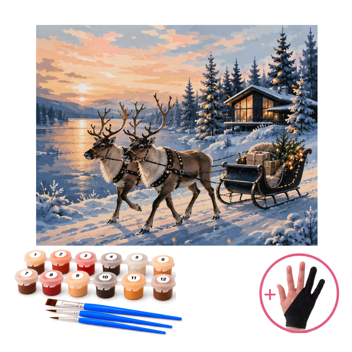 Schilderen op nummer Rendieren bij het Meer 50x40 cm van HobbyMania Originals, met verf, penselen en tekenhandschoen