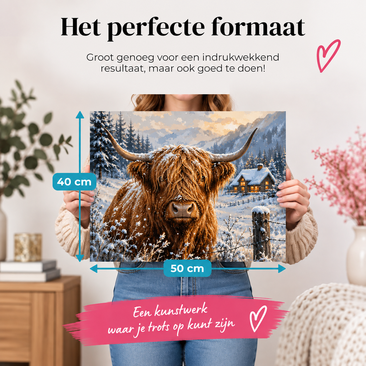 Formaat van het canvas Schotse Hooglander in de Sneeuw: 50 x 40 cm