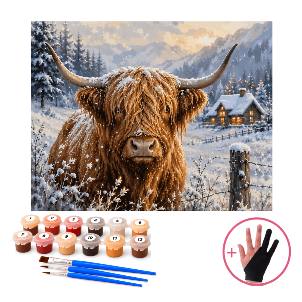 Schilderen op nummer Schotse Hooglander in de Sneeuw 50x40 cm van HobbyMania Originals, met verf, penselen en tekenhandschoen