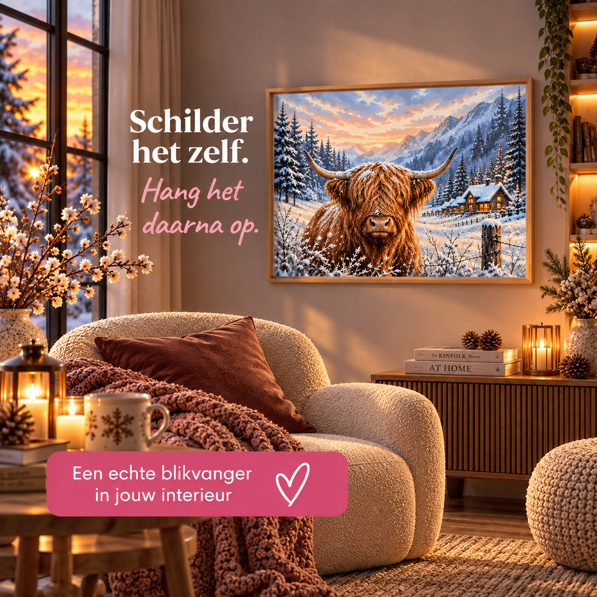 Schilderij Schotse Hooglander in de Sneeuw ingelijst aan de muur in een sfeervolle woonkamer