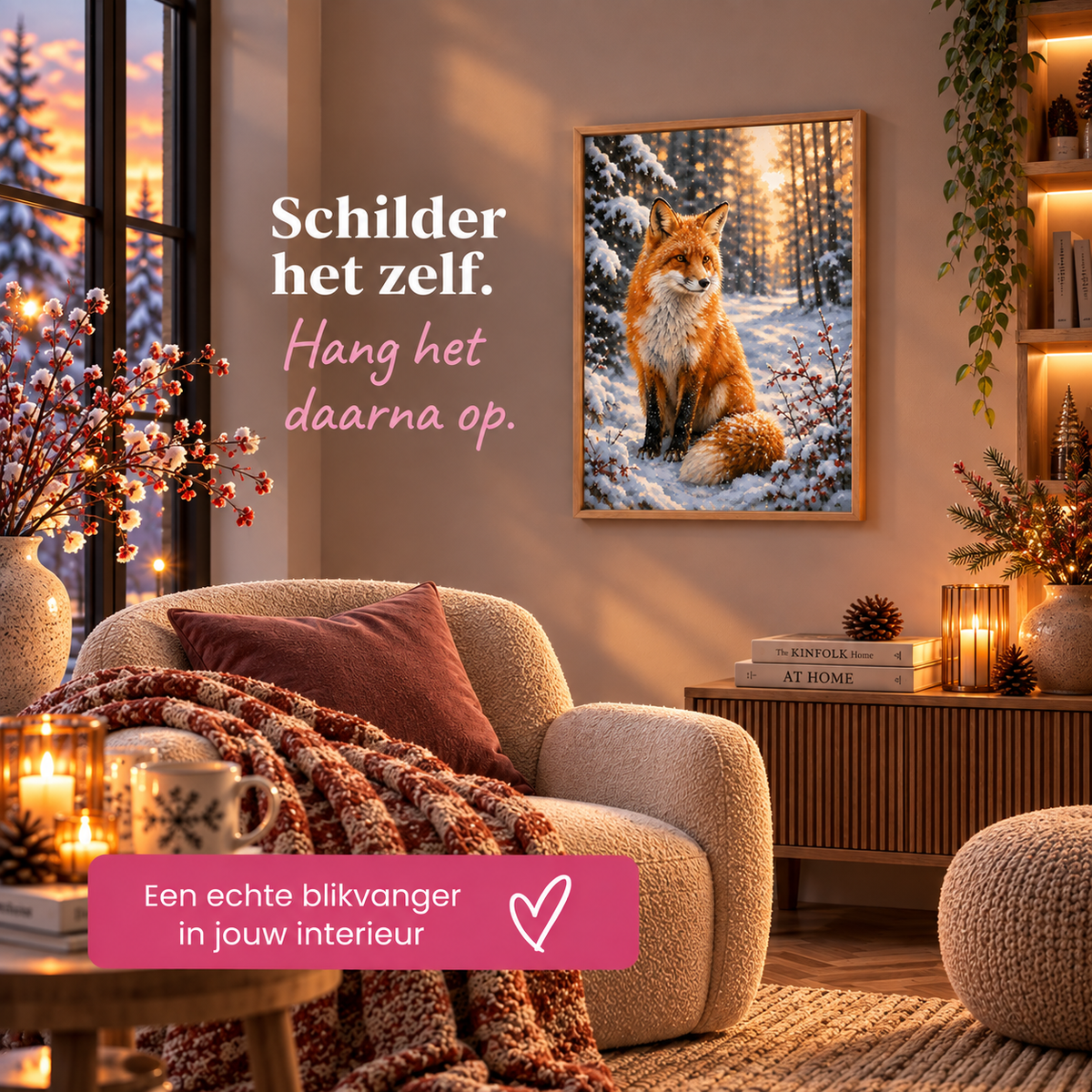 Schilderij Vos in het Besneeuwde Bos ingelijst aan de muur in een sfeervolle woonkamer